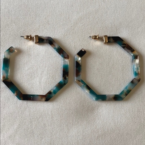 Jewelry - Teal, brown, and white octagonal hoop earrings